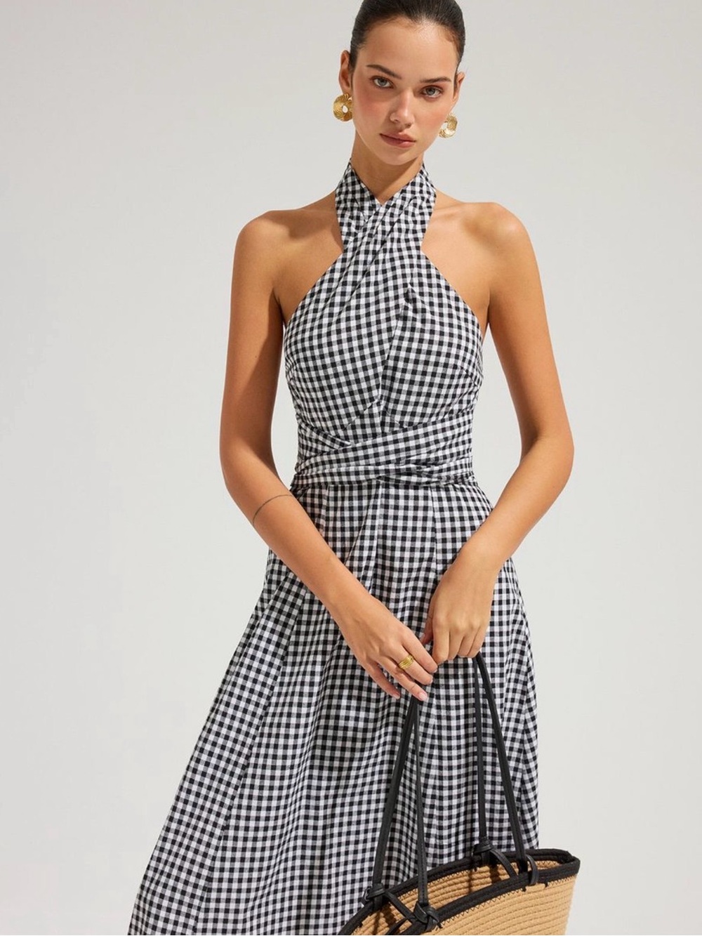 Commense Black & White Gingham Halter  Cotton Maxi Dress